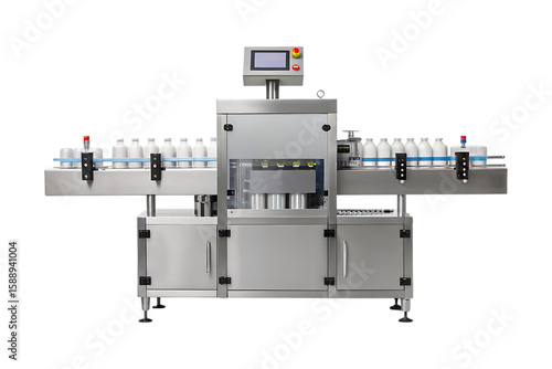 Stainless steel bottling machine with white containers industrial