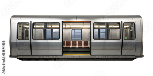 Silver subway car interior with brown seats and windows train