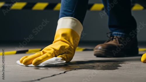 Worker in yellow gloves wipes up a spill on a concrete floor near hazard tape