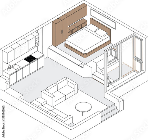 Compact Apartment Design: Efficient Layout with Elevated Bedroom and Open Living Space