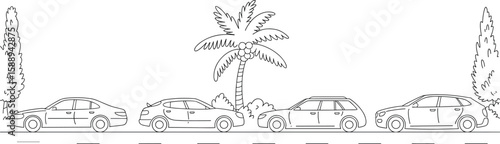 Modern Car Lineup with Palm Trees: Sleek Vehicles in a Tropical Setting
