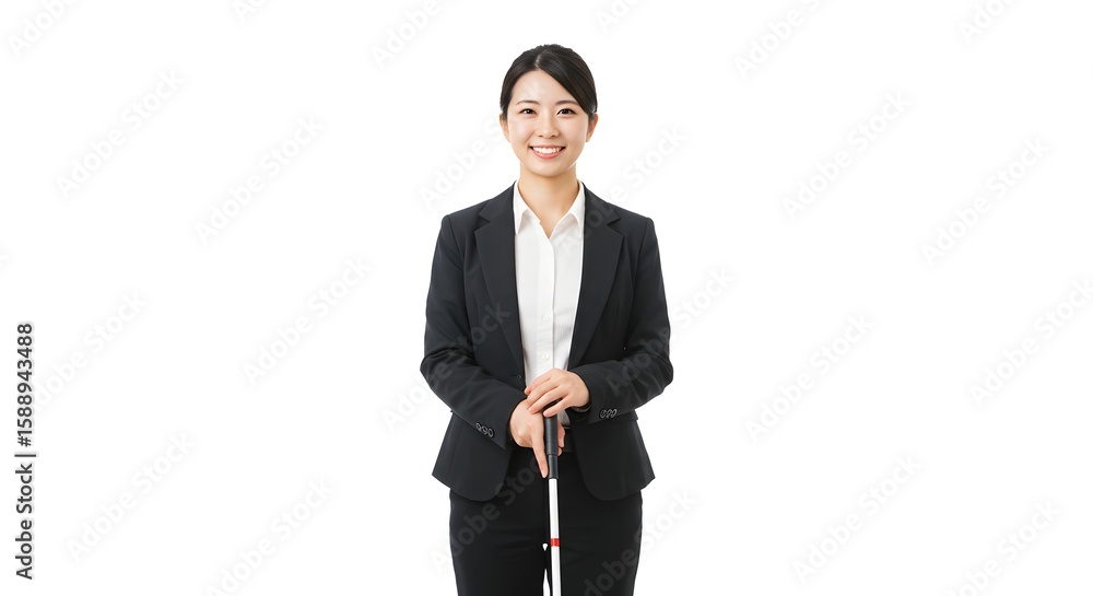 Young Woman in Business Attire Holds a Golf Club and Smiles Young Woman in Business Attire Holds a Golf Club and Smiles