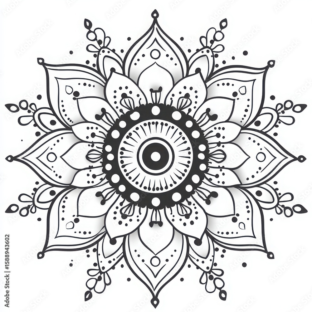 A detailed black and white mandala with intricate floral and circular designs on a white background A detailed black and white mandala with intricate floral and circular designs on a white background