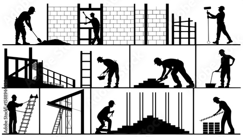 A collection of black silhouettes showing stages of building construction.
Figures are engaged in tasks like laying bricks, installing beams, welding, pouring concrete, and using measuring tape. The i