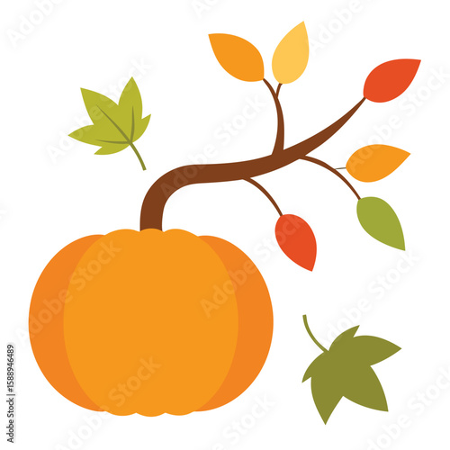 Whimsical illustration of a plump friendly pumpkin resting peacefully beside a tree branch adorned with colorful hanging elements