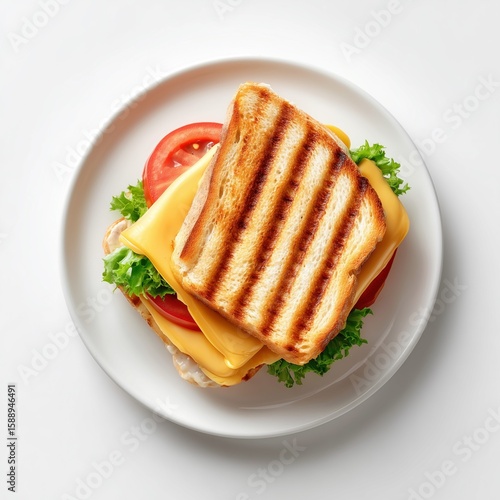 Grilled sandwich with cheese, lettuce and tomato on white plate