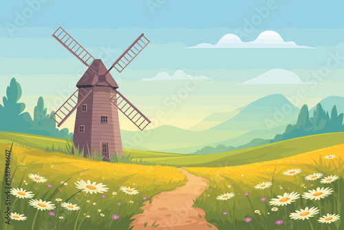 Old Dutch windmills stand tall against the summer sky, dotting rural fields of green grass and vibrant flowers, embodying traditional agricultural architecture and renewable energy in the Netherlands'