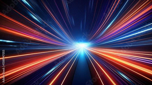 Fototapeta Naklejka Na Ścianę i Meble -  Abstract space tunnel with bright glowing light streaks in blue, red, and orange tones. Dynamic motion perspective giving a sense of speed, travel, and futuristic movement through space.