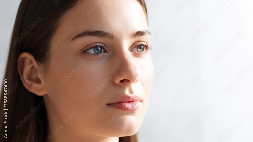 Young Woman's Serene Profile: Close-Up Beauty with Soft Lighting and Clear Skin Young Woman's Serene Profile: Close-Up Beauty with Soft Lighting and Clear Skin