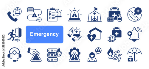 Emergency editable stroke icon set, with Response, Procedure, Plan, Alert, Evacuation, Services, Kit, Urgent care.