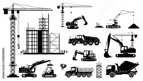 A grid of black silhouettes showing different types of construction site vehicles and equipment.
The silhouettes include excavators, bulldozers, cranes, forklifts, cement mixers, dump trucks, and scaf