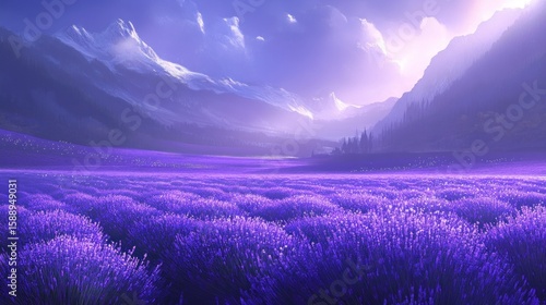Lavender Field Dreamscape: Purple Haze Under Mountain Peaks