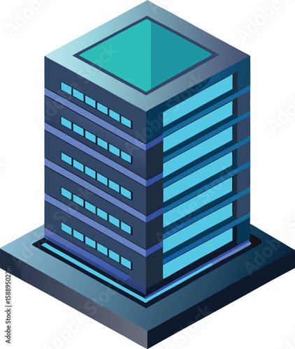 flat vector isometric server rack glowing with neon lights
