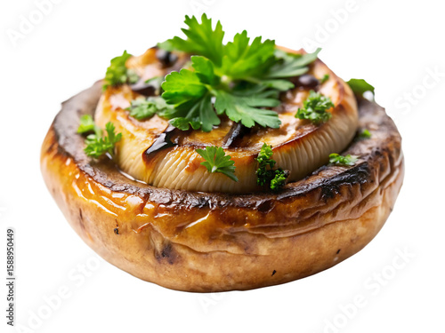 Large grilled mushroom cap stuffed with a smaller mushroom and garnished with fresh parsley and dark glaze isolated on a transparent background