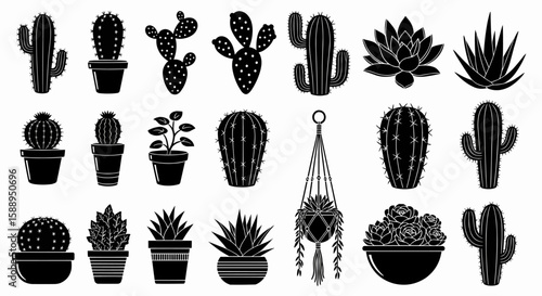 Diverse Cactus Silhouette Elegant collection of Succulent Plants in Black and White 