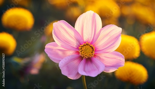 close up of a pink flower with yellow flowers in the background
