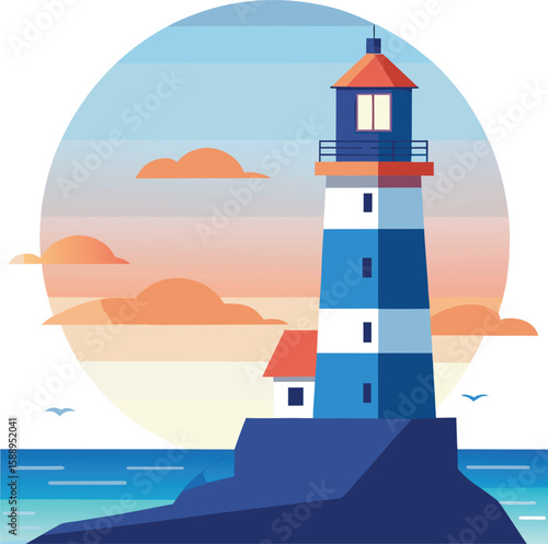 flat vector minimal lighthouse beside the sea with waves,