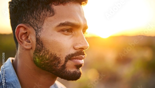 Close-up profile of a man outdoors at sunset