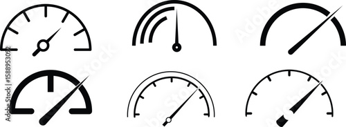 Dashboard speedometer icons set. Speed signs. Speedometer black icons set. Speed indicator, Internet car speed. Performance concept. Speedometer set.Vector illustration.
