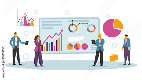 Business team analyzing data charts and graphs on a presentation screen with a briefcase nearby