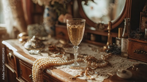 Vintage vanity with drink and jewelry