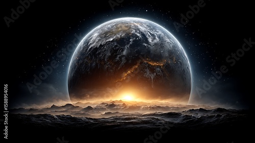 Fototapeta Naklejka Na Ścianę i Meble -  Sunrise over the curve of planet Earth with glowing atmosphere, stars in the background, symbolizing the dawn of a new ecological era. 