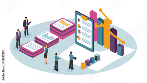 Isometric view of business people analyzing data with charts and documents on a light background