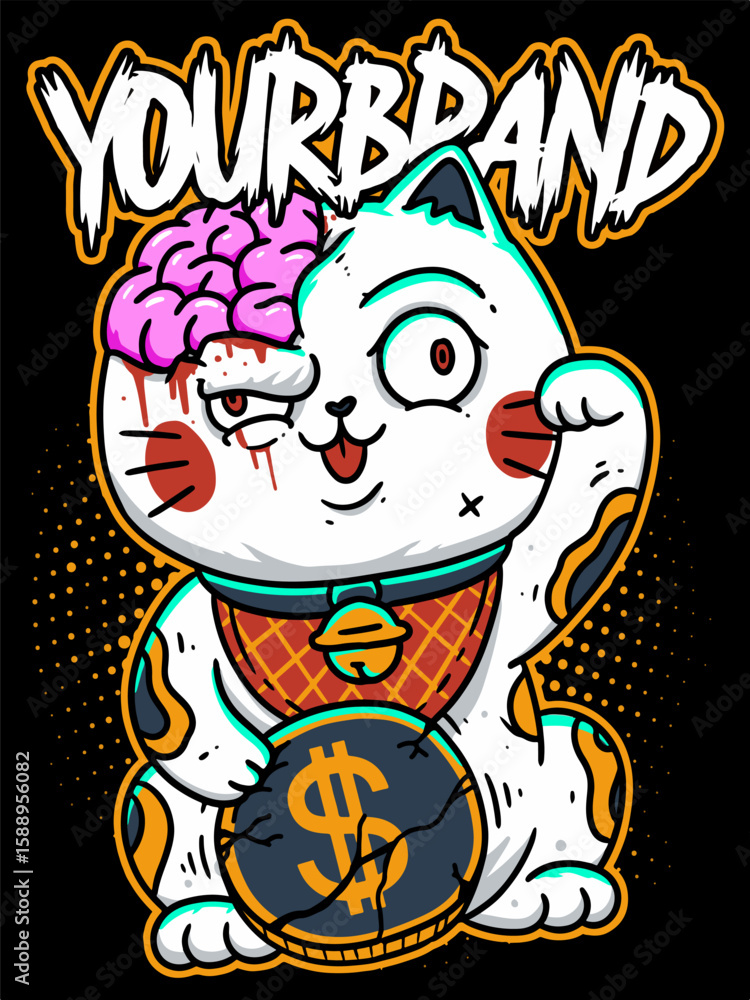 Fototapeta premium tshirt design illustration streetwear clothing monster brain maneki neko coin bell