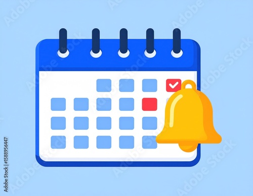 Blue Calendar Icon with Golden Bell Reminder and Red Highlight on Light Blue Background