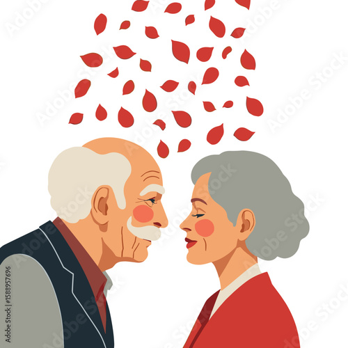 Tender Senior Couple Romantic Moment with Falling Rose Petals