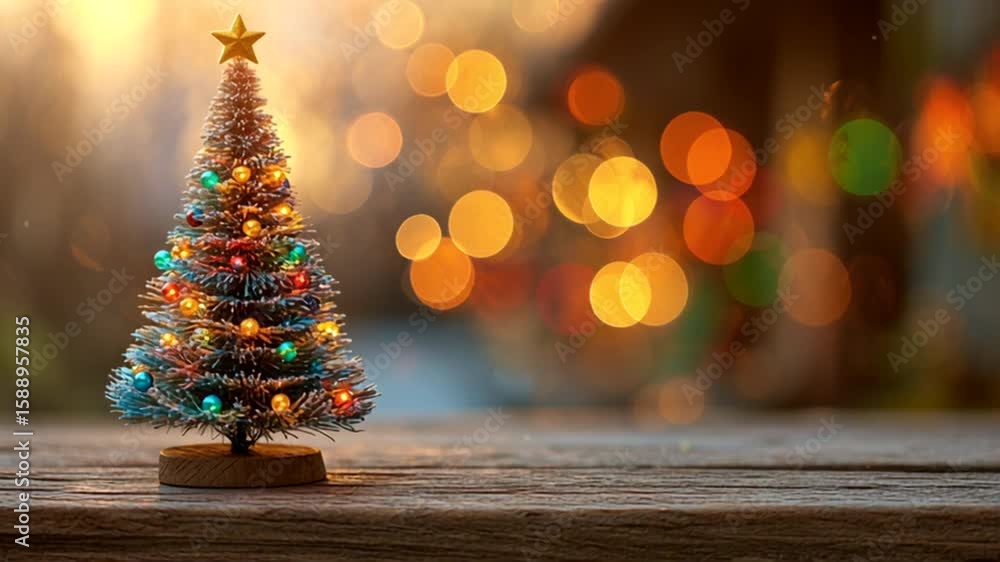 fondo navideño alegre con luces coloridas tipo bokeh en el fondo y arbol de navidad iluminado con luce brillantes y estrella dorada en primer plano sobre tabla de madera rustica, con espacio vacio