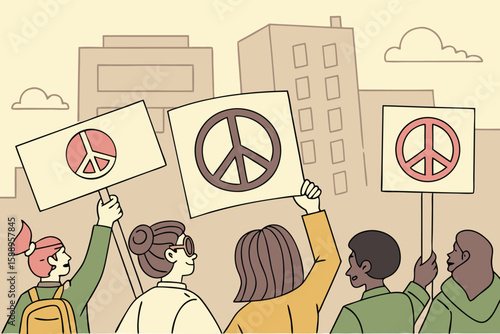 Group of people protesting for peace holding signs with peace symbols in a city background view scene