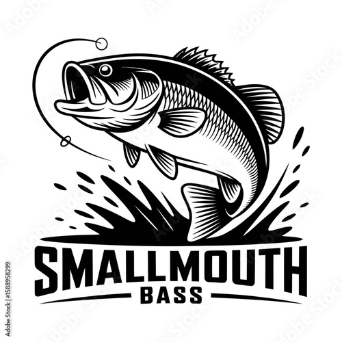 Smallmouth Bass Retro Vector Illustration – Black and White Jumping Fish with Splash and Hook – Perfect Clipart for Fishing Logos, Outdoor Gear, T-Shirt Designs, Angler Clubs, and Vintage Branding
