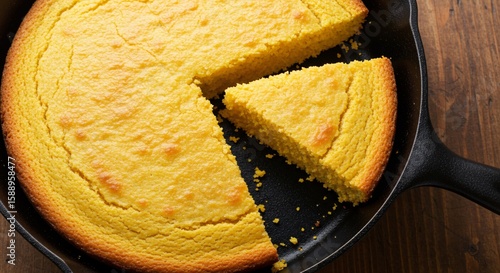 Golden cornbread baked to perfection in a cast iron skillet ready for serving fresh.