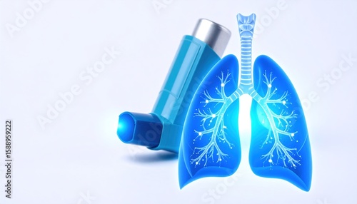 Blue Inhaler and Illuminated Lungs Illustration on a White Background Representing Respiratory Health