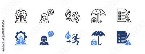Emergency  icon sheet with Crisis management, Crisis hotline, Fire escape, Relief, Preparedness.