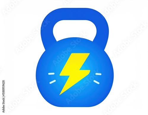 Blue Kettlebell With Yellow Lightning Symbol on White Background Isolated Illustration