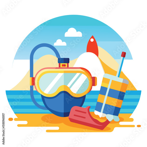 flat vector snorkeling gear placed near shoreline waves,