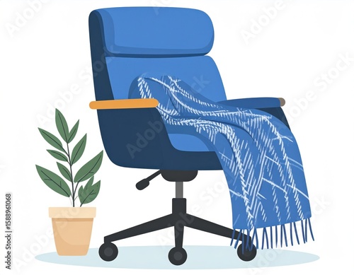 Blue Office Chair with a Blanket and Plant in a Pot Isolated on White Background