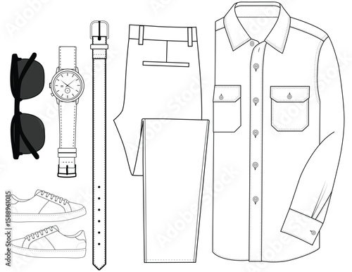 Men's Clothing and Accessories Outline Vector Illustration