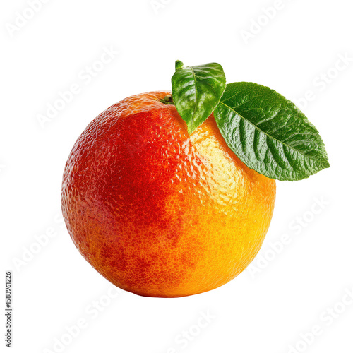 Close-up of a vibrant blood orange, with two green leaves atop