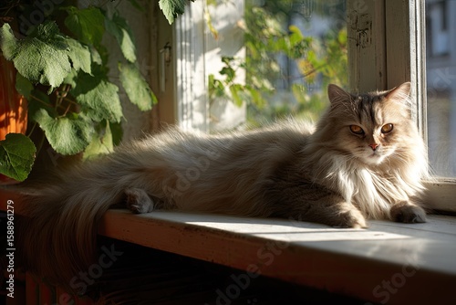 Fluffy cream cat sunning on windowsill