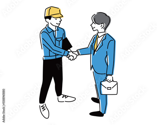 営業マン風の男性と、工場勤務風の男性が、握手して互いに目を合わせている全身イラスト