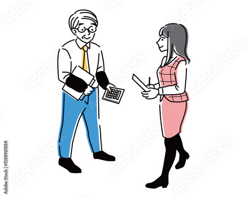 金融関係の仕事をする事務員の男性と、事務仕事をする制服姿の女性のイラスト