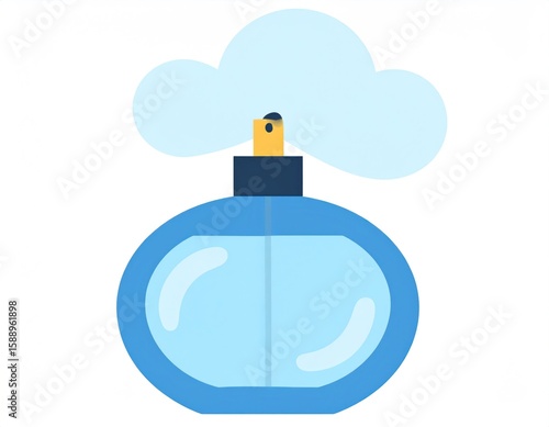Blue Perfume Bottle Illustration with Oval Shape and Cloud Like Spray on White Background