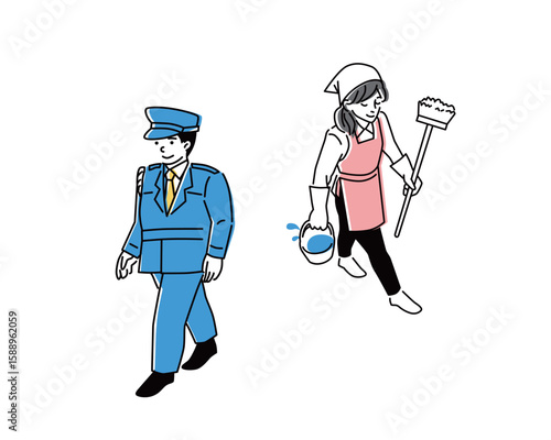 掃除をする女性と、警備員の男性の全身ベクターイラスト