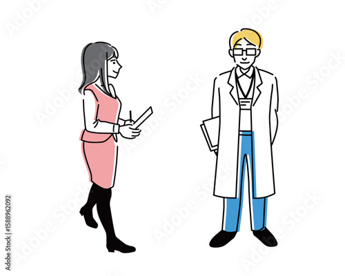 医療従事者の男性と事務員の女性の全身ベクターイラスト
