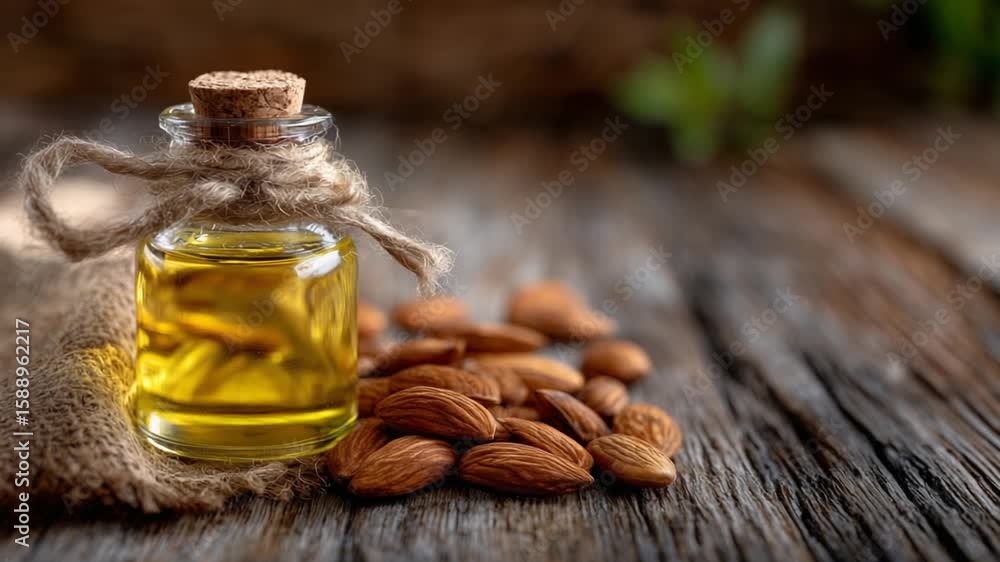 Macro shot of a wooden table showcasing a refined bottle of almond oil and raw almonds, highlighting the oil's clarity and nut textures for clean eating and beauty uses. Macro shot of a wooden table showcasing a refined bottle of almond oil and raw almonds, highlighting the oil's clarity and nut textures for clean eating and beauty uses.
