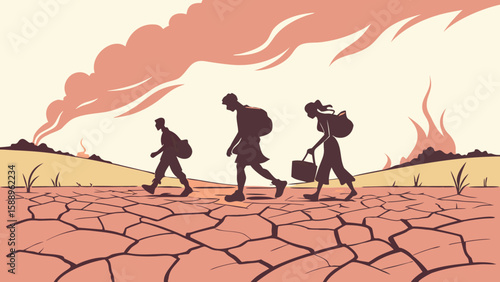 Illustration of refugees walking through a dry cracked landscape with fires burning in the background scene