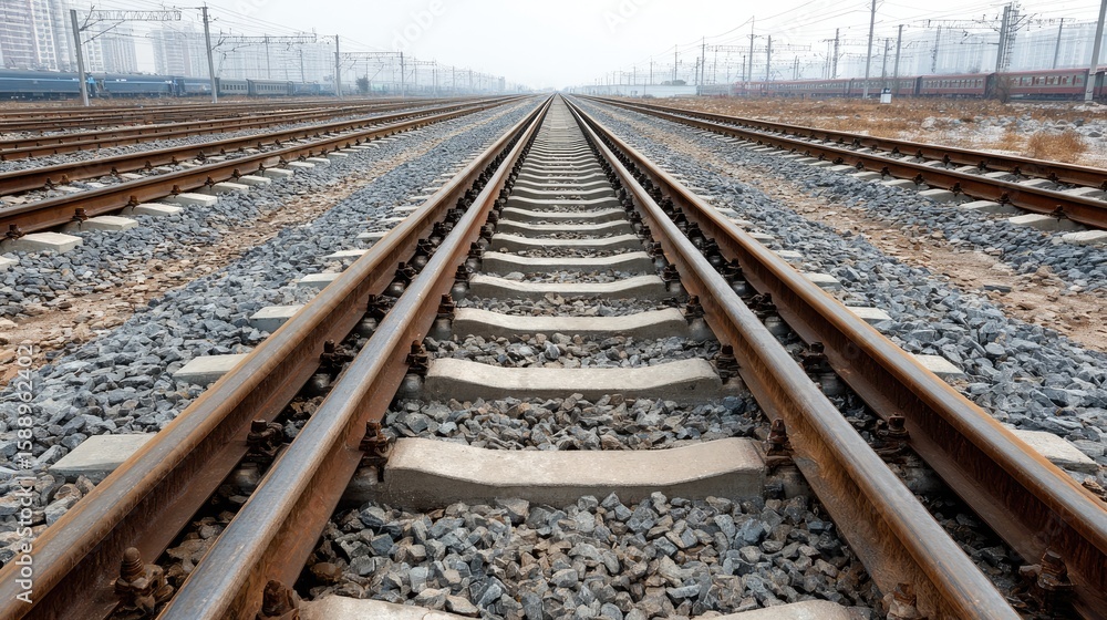 Steel rail tracks stretching into distance on gravel bed, showing transportation and durability Steel rail tracks stretching into distance on gravel bed, showing transportation and durability